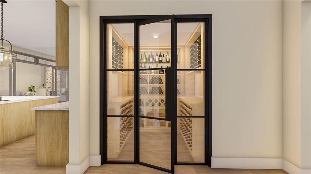 The walk-in wine room, featuring a luxurious glass wall with glass doors, is conveniently situated between the kitchen and the dining room, in front of the butler's pantry.