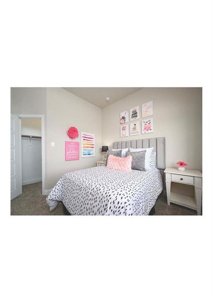 Bedroom with a spacious closet, a closet, and dark colored carpet