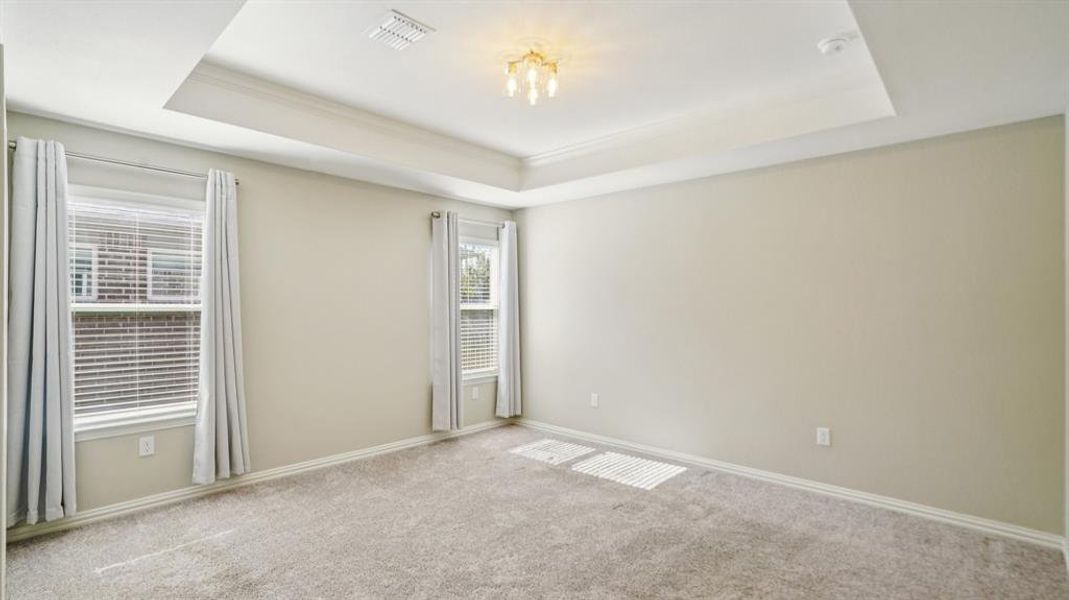 Empty room featuring a raised ceiling and carpet flooring Empty room featuring a raised ceiling and carpet flooring
