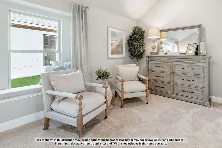 Bedroom sitting area with two white armchairs, gray dresser with mirror, and large window with carpet flooring