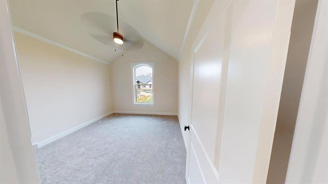 Spare room featuring vaulted ceiling, light carpet, and a ceiling fan