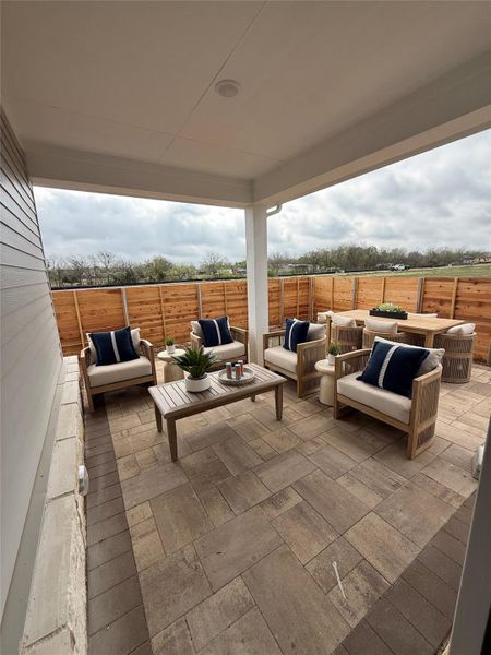 Exterior details and patio area of a home in Goodnight Ranch, Austin (Image 1). Exterior details and patio area of a home in Goodnight Ranch, Austin (Image 1).