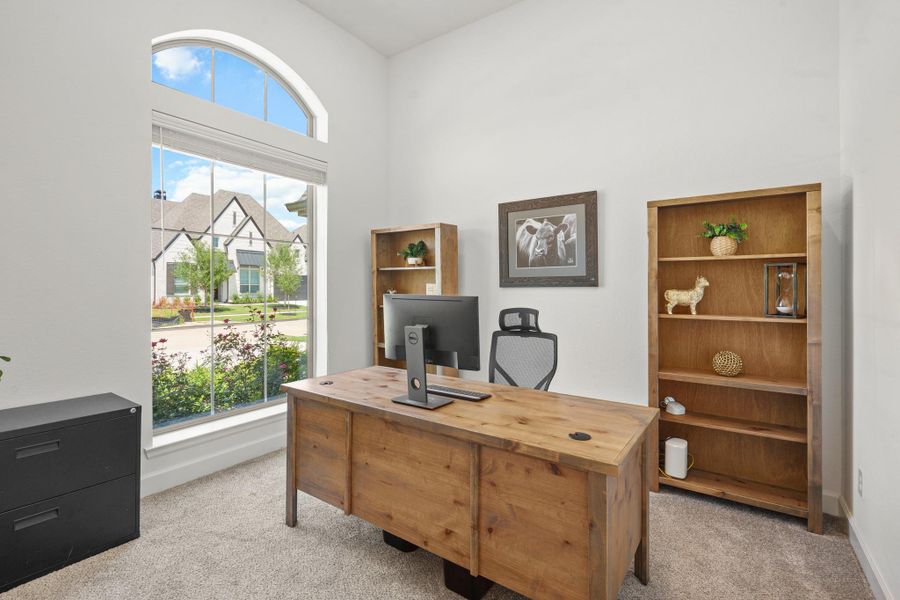 Bright home office with large arched window and 12' ceiling providing plenty of natural light.