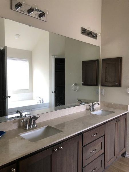 Bathroom featuring a washtub, vanity, and wood-type flooring