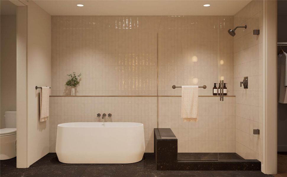 Primary bathroom in the Twilight palette, featuring a walk-in shower, freestanding tub, tiled walls, limestone flooring, and recessed lighting. A serene, spa-inspired retreat designed to promote relaxation and comfort. Primary bathroom in the Twilight palette, featuring a walk-in shower, freestanding tub, tiled walls, limestone flooring, and recessed lighting. A serene, spa-inspired retreat designed to promote relaxation and comfort.