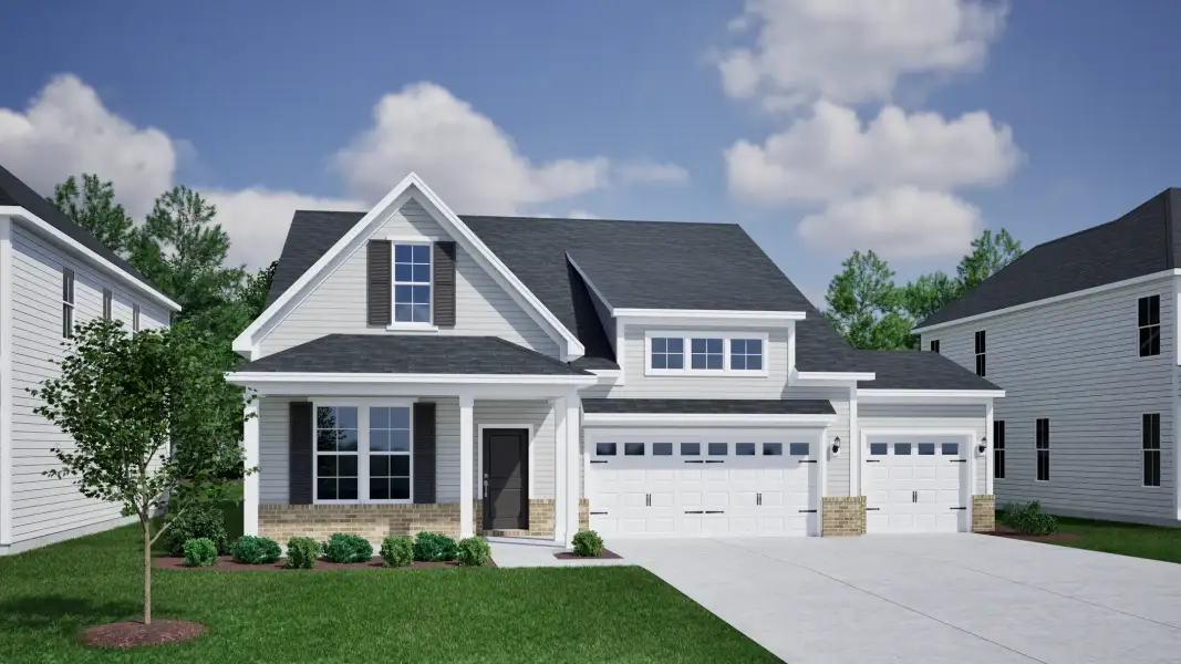 Front exterior of a new home in Meadows at Four Mile, Conway, SC, highlighting curb appeal (Image 1). Front exterior of a new home in Meadows at Four Mile, Conway, SC, highlighting curb appeal (Image 1).