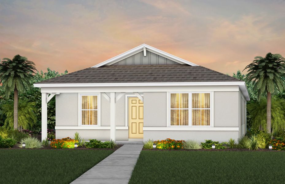 Front exterior of a new home in EverBe, Orlando, FL, highlighting curb appeal (Image 1). Front exterior of a new home in EverBe, Orlando, FL, highlighting curb appeal (Image 1).