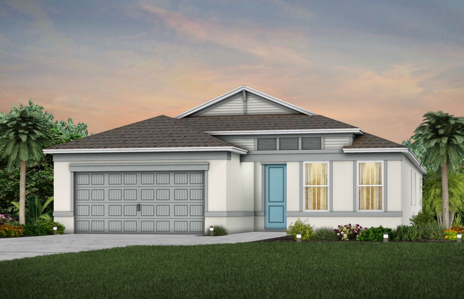 Front exterior of a new home in Canopy Preserve, Deland, FL, highlighting curb appeal (Image 1). Front exterior of a new home in Canopy Preserve, Deland, FL, highlighting curb appeal (Image 1).