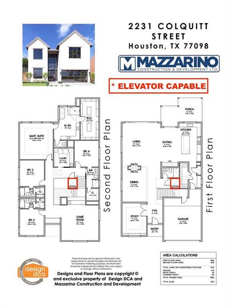 * ELEVATOR CAPABLE * Please be aware that these plans are the property of the architect/builder designer that designed them not DUX Realty, Mazzarino Construction or 2231 COLQUITT LLC and are protected from reproduction and sharing under copyright law. These drawing are for general information only. Measurements, square footages and features are for illustrative marketing purposes. All information should be independently verified. Plans are subject to change without notification.