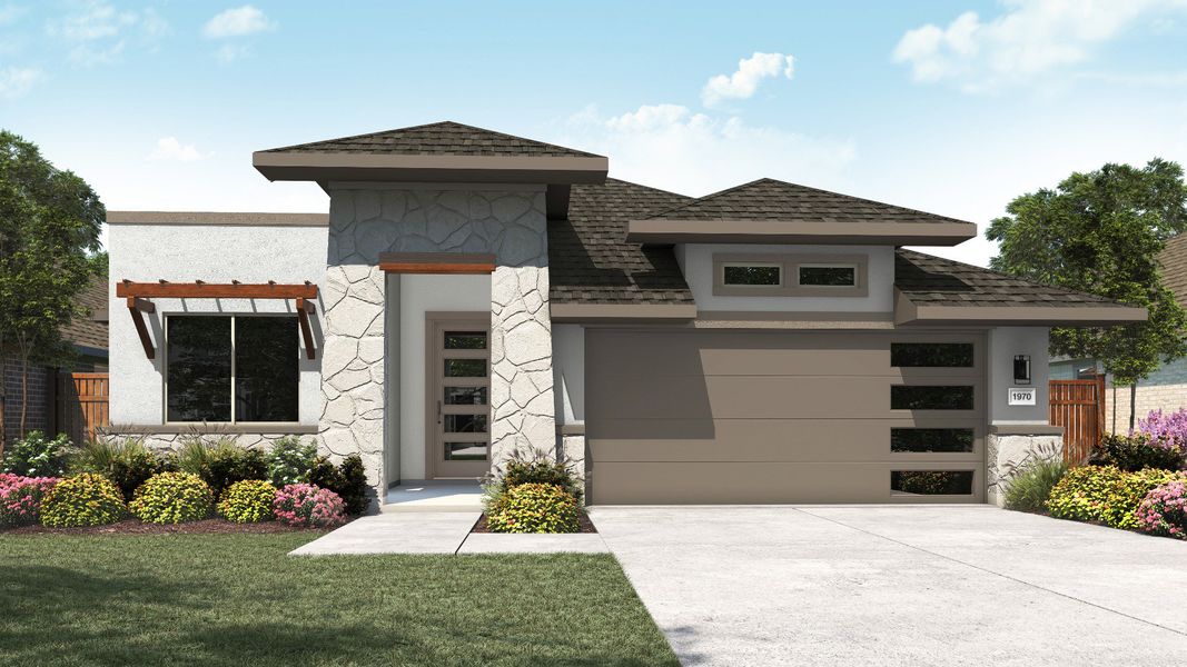 Representative exterior photo of a completed home built from the Palm by DRB Homes in Parkside on the River, Georgetown, TX (Image 7). Representative exterior photo of a completed home built from the Palm by DRB Homes in Parkside on the River, Georgetown, TX (Image 7).
