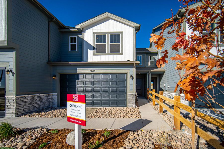 Representative exterior photo of a completed home built from the Cheyenne by View Homes in Aspen Meadows – Townhomes, Colorado Springs, CO (Image 17). Representative exterior photo of a completed home built from the Cheyenne by View Homes in Aspen Meadows – Townhomes, Colorado Springs, CO (Image 17).