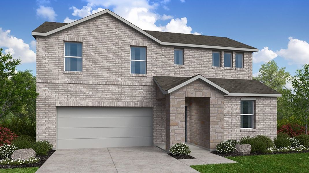 Front exterior of a new home in Longview, Del Valle, TX, highlighting curb appeal (Image 1). Front exterior of a new home in Longview, Del Valle, TX, highlighting curb appeal (Image 1).