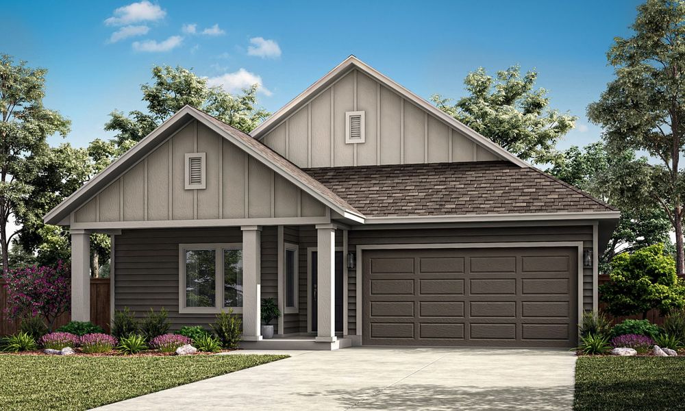 Representative exterior photo of a completed home built from the Coan by Pacesetter Homes in Crosswinds, Kyle, TX (Image 15).