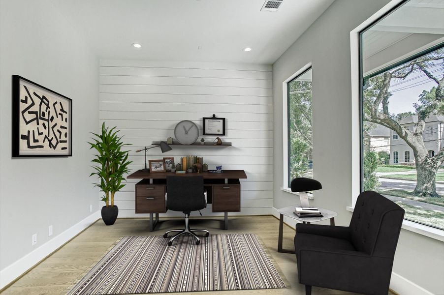 Great open study with an abundance of natural light from the large windows. Please note the great accent wall. Great open study with an abundance of natural light from the large windows. Please note the great accent wall.