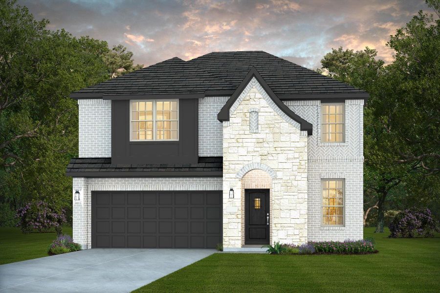 Front exterior of a new home in Mavera, Conroe, TX, highlighting curb appeal (Image 1).