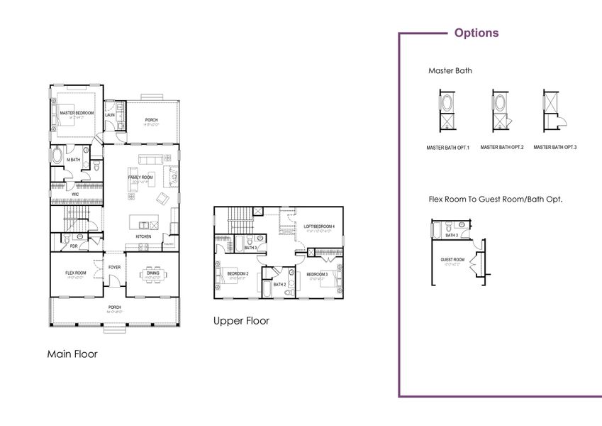 2D floor plan layout for the Lorraine by Hunter Quinn Homes in Horry County Homes, Myrtle Beach, SC (Image 3).