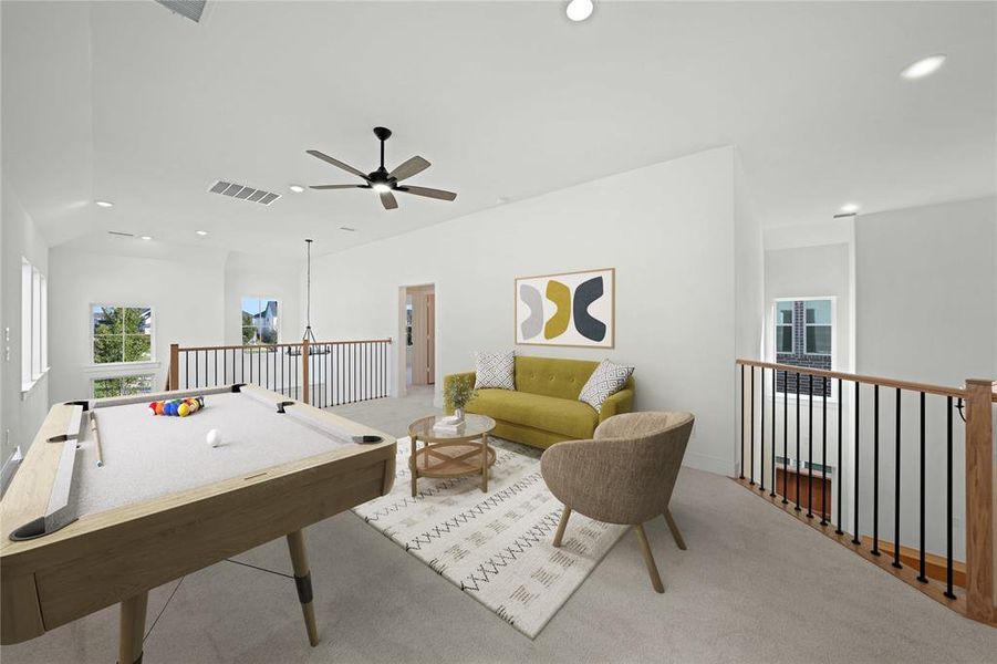 Playroom with carpet flooring, billiards, recessed lighting, and ceiling fan Playroom with carpet flooring, billiards, recessed lighting, and ceiling fan