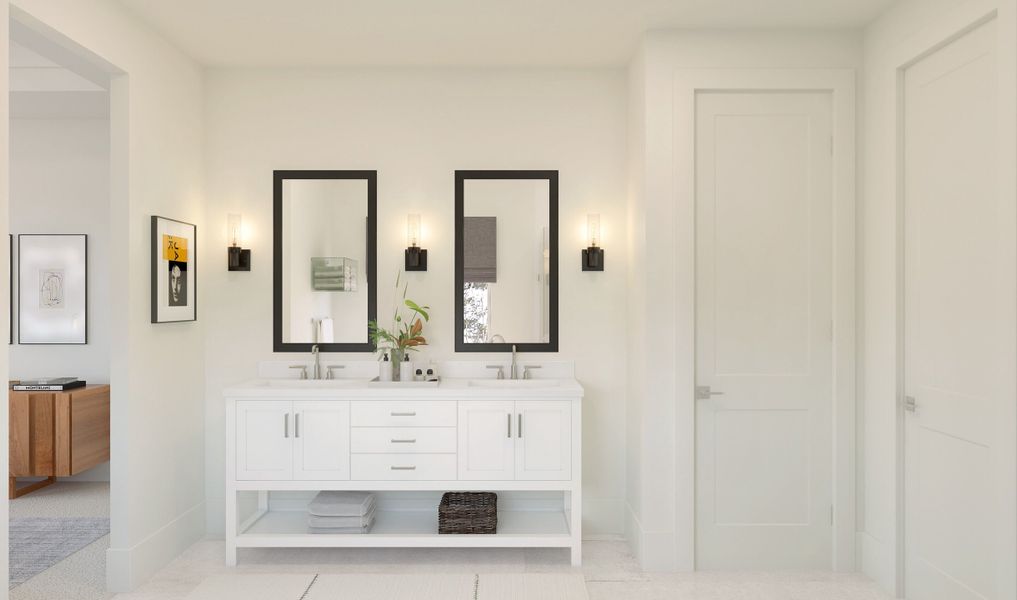 White freestanding vanity in primary bath