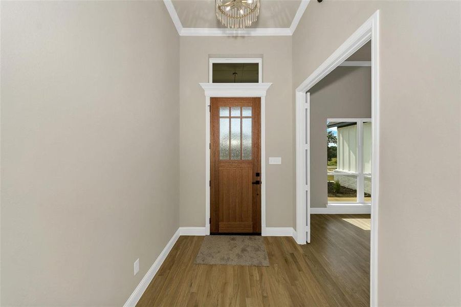 Entryway featuring dark wood-type flooring, ornamental molding, and a chandelier