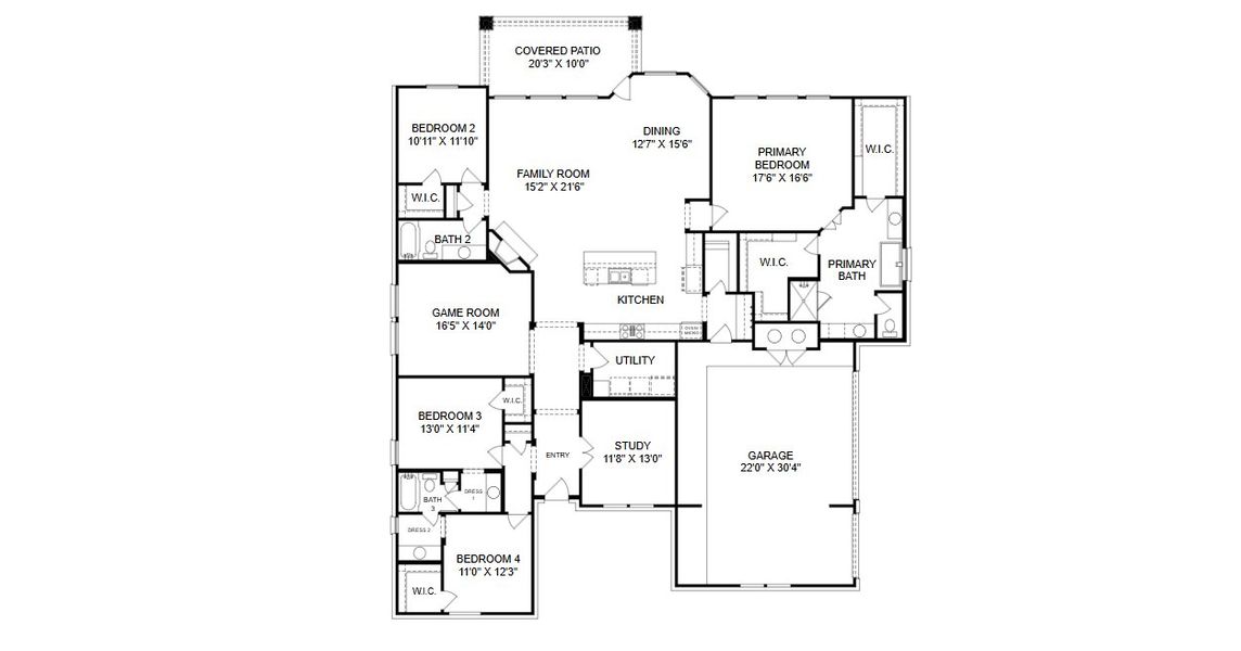 2D floor plan layout for the Bandera II by Giddens Homes in Whispering Wind, Bertram, TX (Image 5).