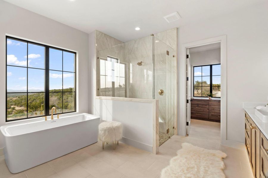 Additional view of primary bath and one of the custom closets.