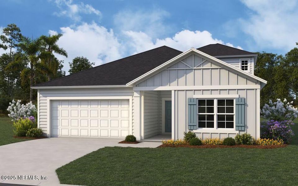 Front exterior of a new home in Brook Forest - Single Family Homes, St. Augustine, FL, highlighting curb appeal (Image 1).