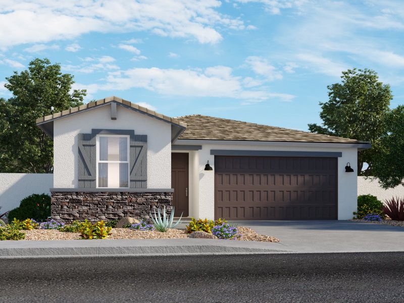 Representative exterior photo of a completed home built from the Holly by Meritage Homes in Mountain View Estates Reserve Series, Buckeye, AZ (Image 2). Representative exterior photo of a completed home built from the Holly by Meritage Homes in Mountain View Estates Reserve Series, Buckeye, AZ (Image 2).