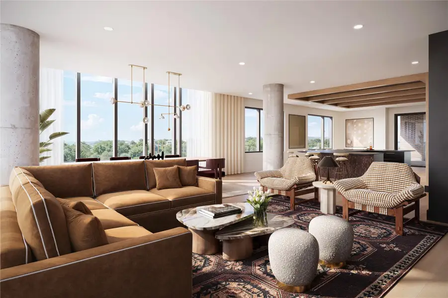 Resident lounge with bar seating and social gathering space