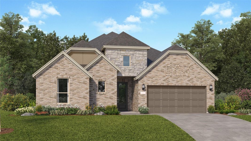 Front exterior of a new home in Samara, League City, TX, highlighting curb appeal (Image 1). Front exterior of a new home in Samara, League City, TX, highlighting curb appeal (Image 1).