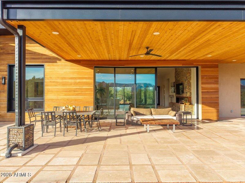 travertine and redwood patio