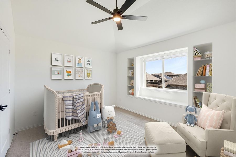 Nursery with wood crib, built-in shelves, ceiling fan, and large window with vaulted ceiling Nursery with wood crib, built-in shelves, ceiling fan, and large window with vaulted ceiling
