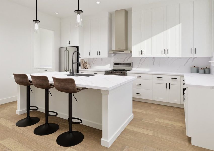 1 Modern kitchen with white cabinets, a central island with three brown stools, and black fixtures. Bright lighting and wooden flooring create a sleek ambiance.