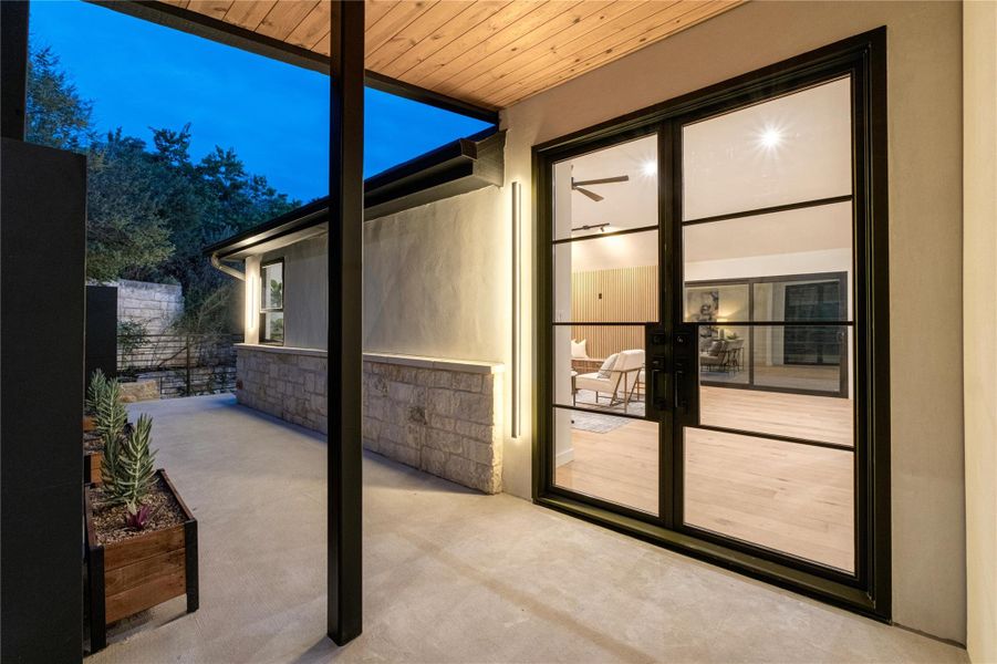 Front patio with double glass front doors