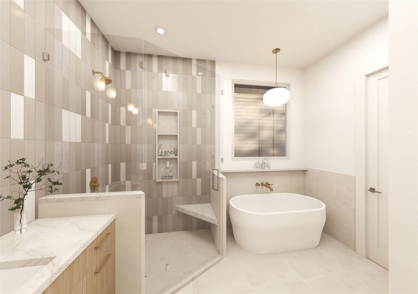 Freestanding soaking tub, separate shower, double sinks — the primary bath in full