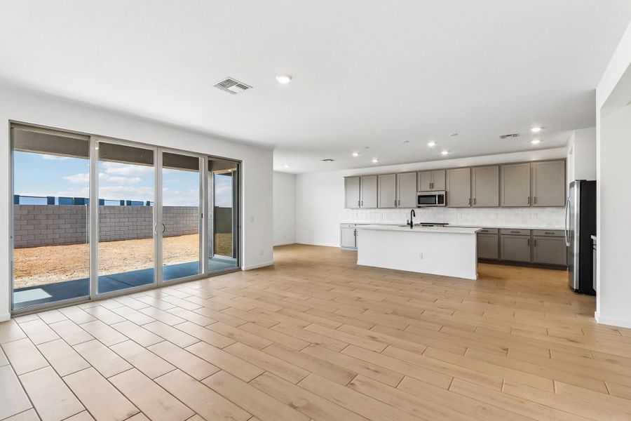 Great room, kitchen and dining