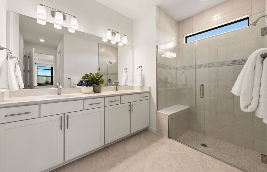 Owner's bathroom with dual vanities and walk-in shower