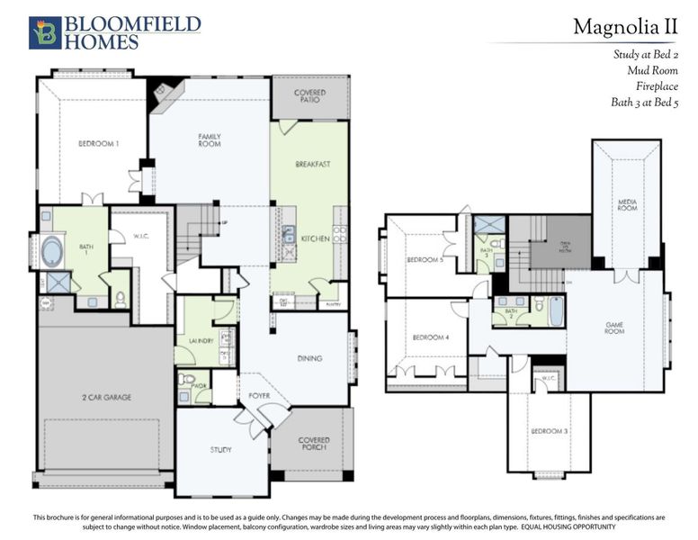 Bloomfield Homes Magnolia II two-story floor plan with five bedrooms, game room, media room, and two-car garage. Bloomfield Homes Magnolia II two-story floor plan with five bedrooms, game room, media room, and two-car garage.