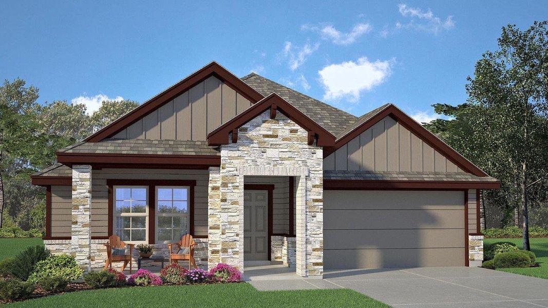 Crafted stone and vertical siding provide a striking curb appeal for this charming residence. Crafted stone and vertical siding provide a striking curb appeal for this charming residence.