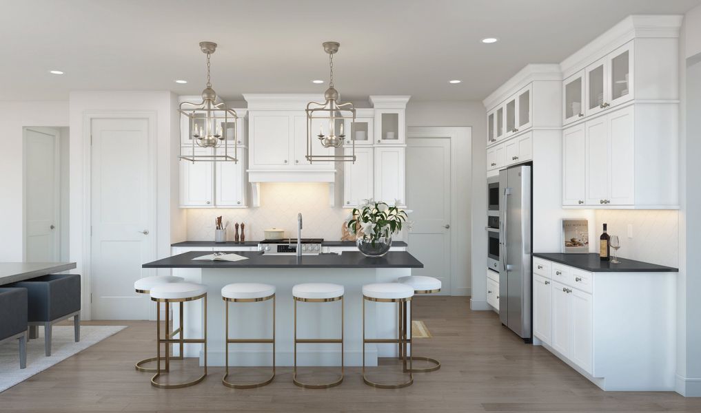 Kitchen with upper glass cabinets & vast island