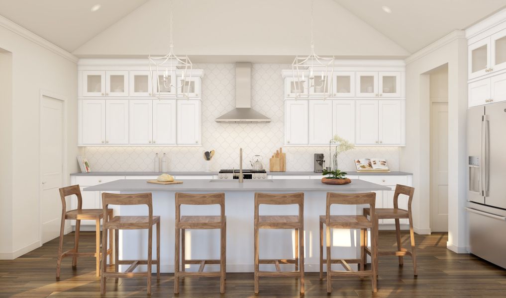 Kitchen with pendant lights & upper glass cabinets