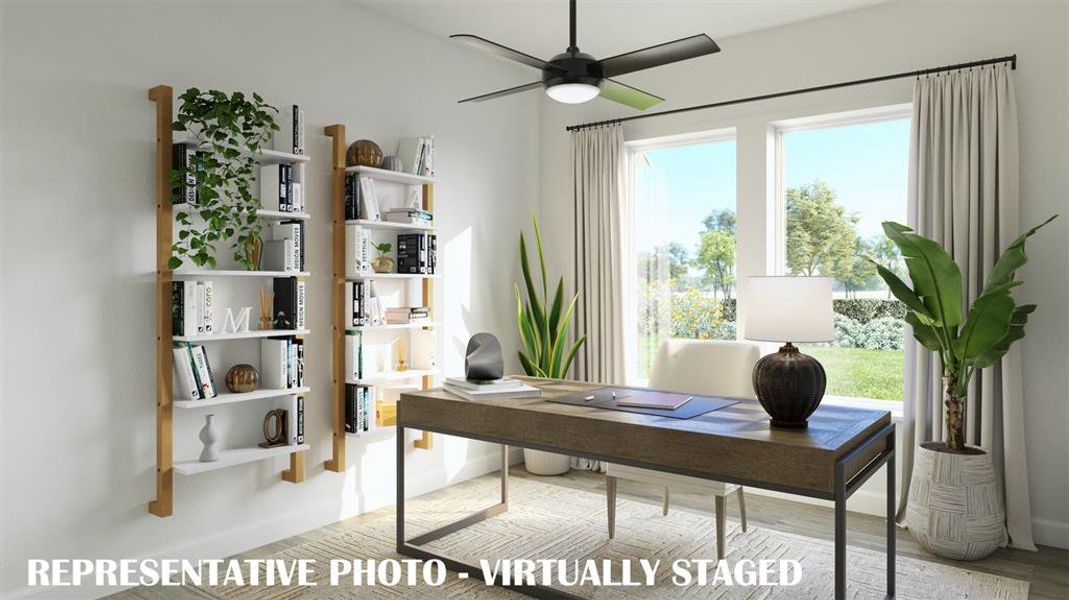 Your new home office is the perfect place for work or play!  VIRTUALLY STAGED RENDERING