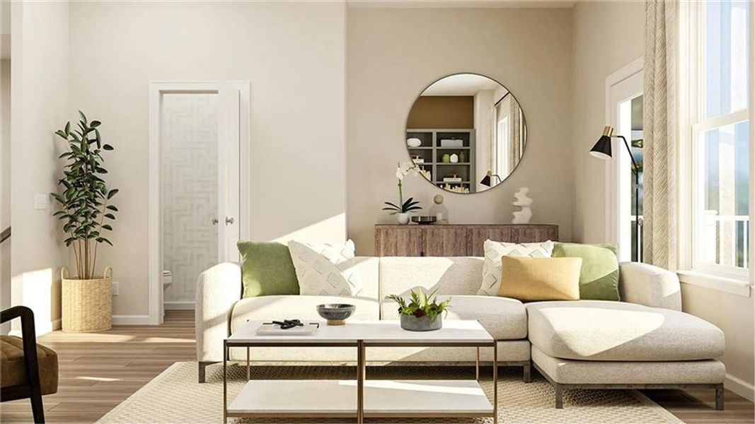 Furnished interior view inside a new home in Towns at Creekside, Doraville (Image 4). Furnished interior view inside a new home in Towns at Creekside, Doraville (Image 4).