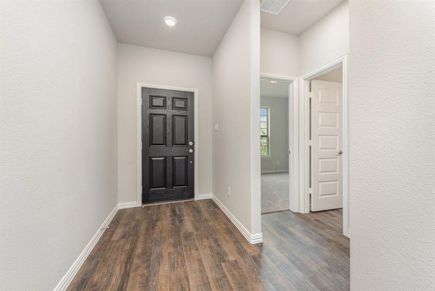 Entryway featuring dark wood-type flooring