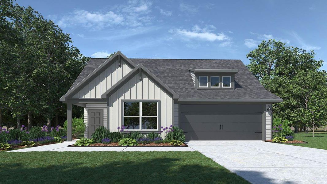 A welcoming facade offers clean lines, a covered entry, and lush landscaping. A welcoming facade offers clean lines, a covered entry, and lush landscaping.