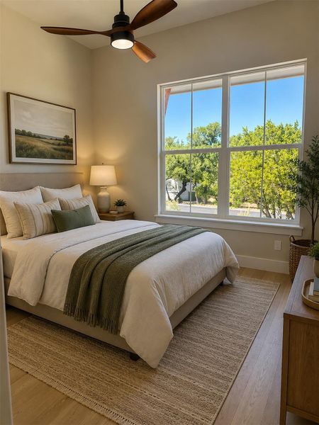 High ceilings and a large window framing leafy views define this serene sleeping space.Virtual Staging.l High ceilings and a large window framing leafy views define this serene sleeping space.Virtual Staging.l