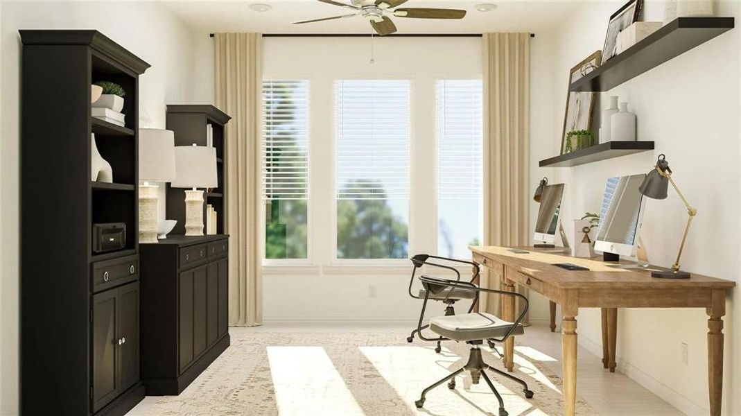 Dedicated office space featuring triple windows with blinds and drapes, recessed lighting, and a ceiling fan Dedicated office space featuring triple windows with blinds and drapes, recessed lighting, and a ceiling fan