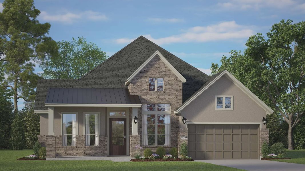 Representative exterior photo of a completed home built from the Brentwood by Chesmar Homes in Steward Estates, Conroe, TX (Image 31). Representative exterior photo of a completed home built from the Brentwood by Chesmar Homes in Steward Estates, Conroe, TX (Image 31).