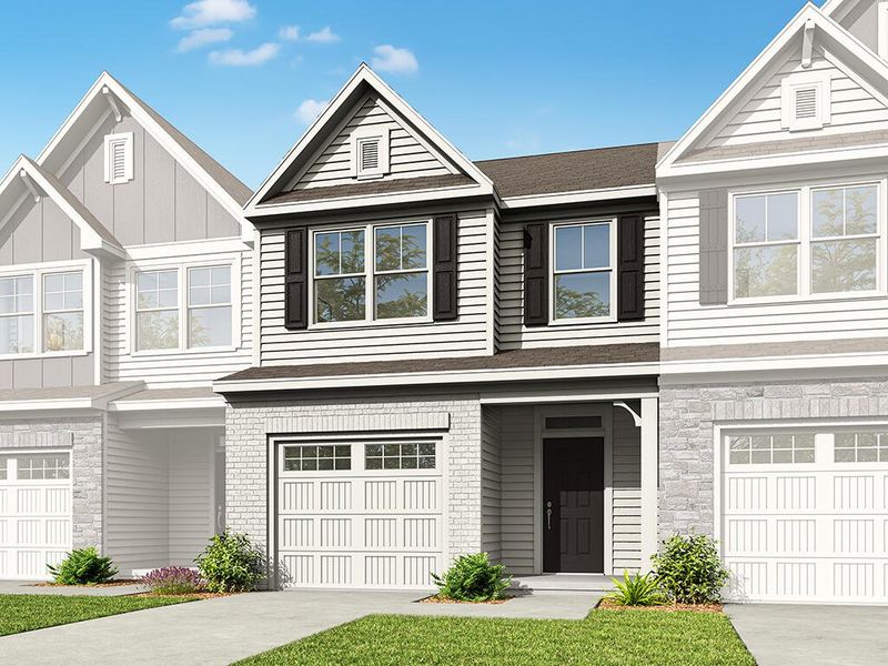 Front exterior of a new home in Running Brook Townes, Durham, NC, highlighting curb appeal (Image 1). Front exterior of a new home in Running Brook Townes, Durham, NC, highlighting curb appeal (Image 1).