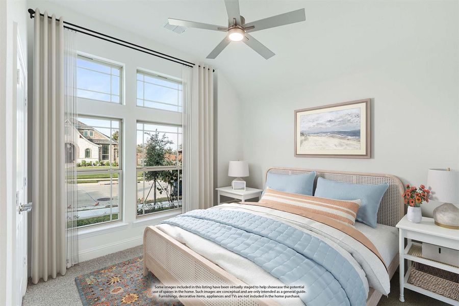 Bedroom with ceiling fan, large windows with sheer curtains, and a queen bed with light blue bedding