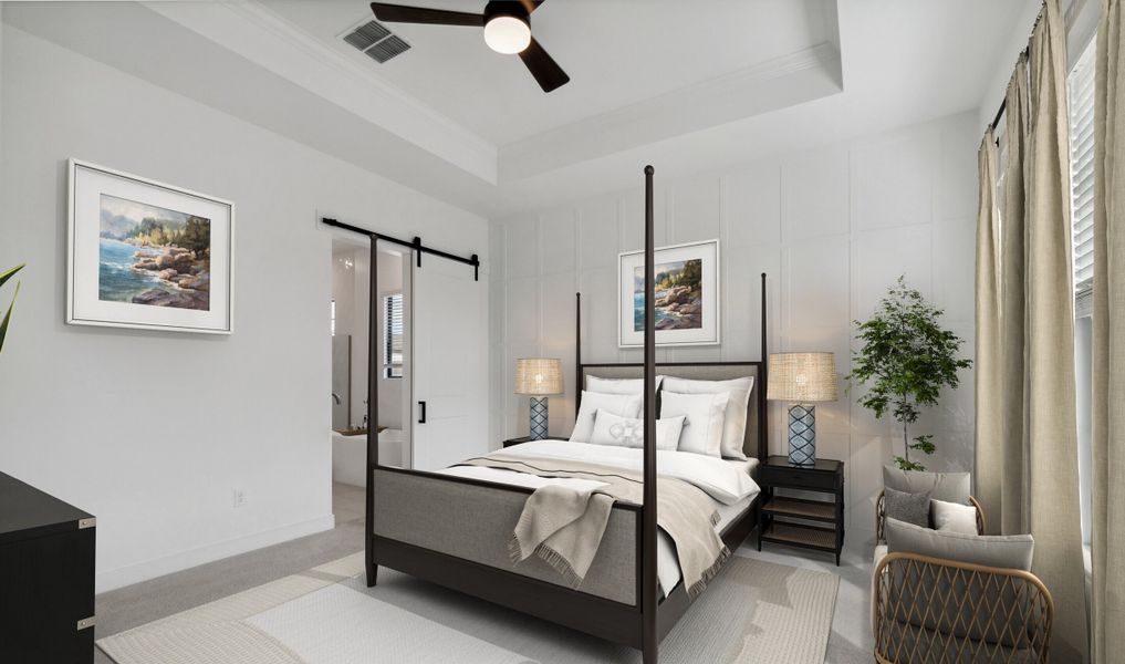 Primary suite with decorative feature wall Primary suite with decorative feature wall